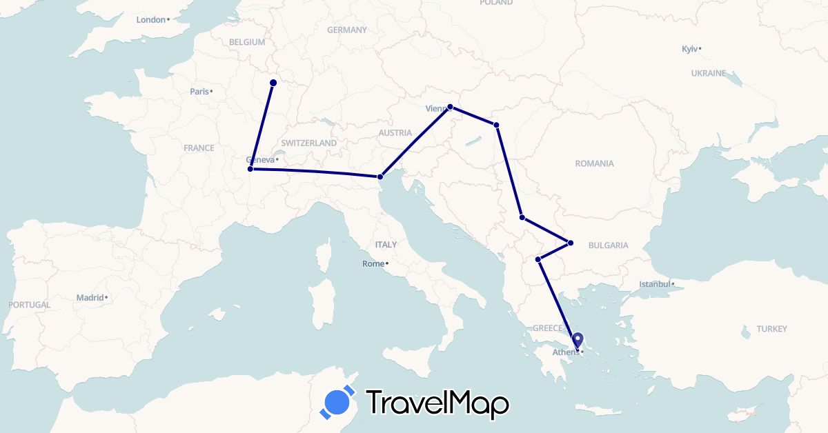 TravelMap itinerary: driving in Austria, Bulgaria, France, Greece, Hungary, Italy, Macedonia, Serbia (Europe)